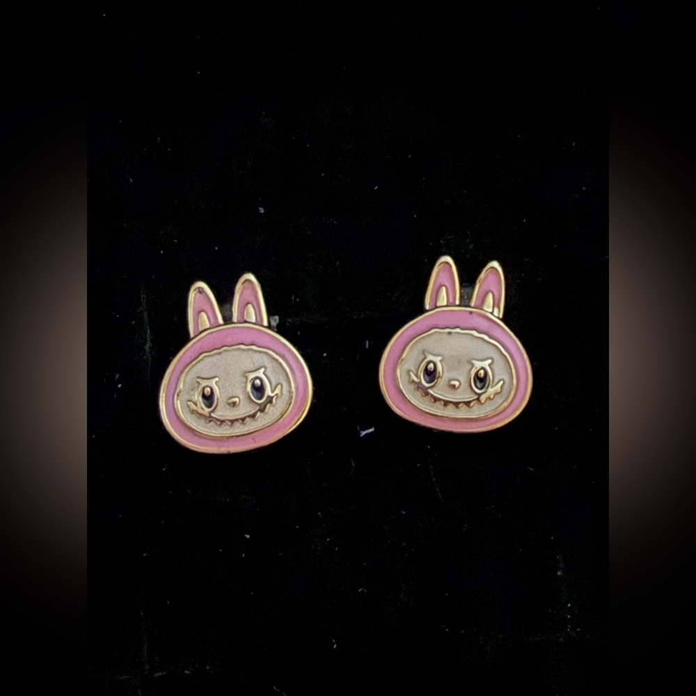 14K Gold Labubu Head Pink Monster Theme Enamel Stud Earrings Kawaii Boutique